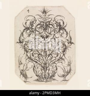 Stampa, targa 4, da Die Folge der phantastischen Schmucksträβe (Suite di fantastici Bouquets ornamentali); Wendel Dietterlin il giovane (tedesco, attivo 1610-1614); Germania; incisione su carta deposta Foto Stock