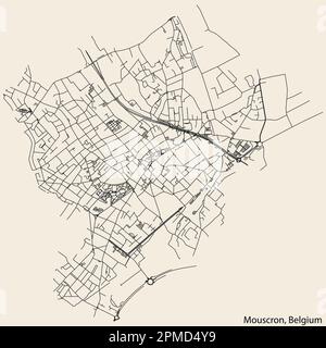 Mappa dettagliata delle strade urbane di navigazione disegnata a mano del COMUNE di MOUSCRON della città belga di MOUSCRON, Belgio, con linee stradali vivaci AN Illustrazione Vettoriale