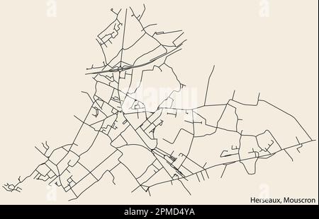 Mappa dettagliata delle strade urbane di navigazione disegnata a mano del COMUNE DEGLI ERSEAUX della città belga di MOUSCRON, Belgio, con linee stradali vivaci AN Illustrazione Vettoriale