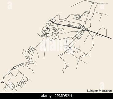 Mappa dettagliata delle strade urbane di navigazione disegnata a mano del COMUNE di LUINGNE della città belga di MOUSCRON, Belgio, con linee stradali vivaci e. Illustrazione Vettoriale