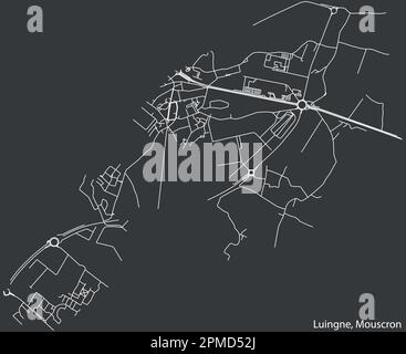 Mappa dettagliata delle strade urbane di navigazione disegnata a mano del COMUNE di LUINGNE della città belga di MOUSCRON, Belgio, con linee stradali vivaci e. Illustrazione Vettoriale