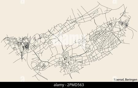 Mappa dettagliata delle strade urbane di navigazione disegnata a mano del COMUNE di KOERSEL della città belga di BERINGEN, Belgio, con linee stradali vivaci e. Illustrazione Vettoriale