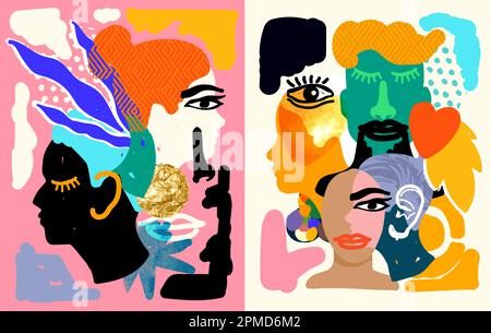 Una collezione di persone astratte moderne e audaci affronta composizioni realizzate con forme e texture da collage. Illustrazione vettoriale del benessere umano Illustrazione Vettoriale