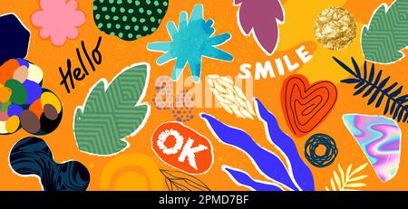 Una vivace collezione di forme, colori e motivi divertenti. Allegro layout di illustrazione vettoriale. Illustrazione Vettoriale