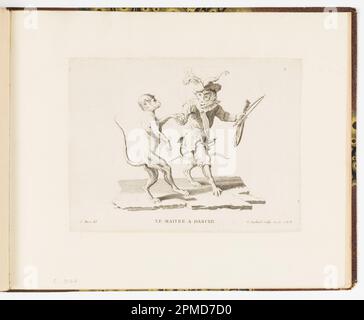 Bound Print, Plate 6, le Maître à Dancer (il Maestro Danzante), Singeries ou différentes actions de la vie humaine représentées par des singes (Antics scimmia o azioni diverse della vita umana rappresentate dalle scimmie); disegnato da Christophe Huet (francese, 1700-1759); inciso da Jean-Baptiste-Antoine Guelard (francese, 1719-ca. 1755); pubblicato da Charpentier; Francia; incisione su carta; 25,9 x 31,8 cm (10 3/16 x 12 1/2 pollici) Foto Stock