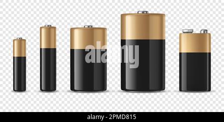 Set icone batterie alcaline Vector 3D realistiche nere e gialle Closeup Isolatedd. Dimensioni diffrenti - AAA, AA, C, D, PP3. Modello di progettazione per il branding Illustrazione Vettoriale