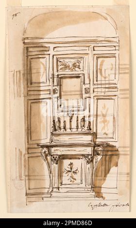 Disegno, elevazione di un altare in una cappella privata; architetto: Giuseppe Barberi (italiano, 1746–1809); Italia; inchiostro nero e marrone, pennello e lavaggio marrone; immagine: 26,6 x 15,4 cm (10 1/2 x 6 1/16 in.) Foto Stock