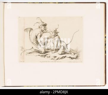 Bound Print, Plate 10, le Maître de Cors de Chasse (il Maestro del Corno di Caccia), Singeries ou différentes Actions de la vie humaine représentées par des singes (le antiche delle scimmie o le azioni diverse della vita umana rappresentate dalle scimmie); progettato da Christophe Huet (francese, 1700-1759); Inciso da Jean-Baptiste-Antoine Guelard (francese, 1719–ca. 1755); pubblicato da Charpentier; Francia; incisione su carta; 26,4 x 31,8 cm (10 3/8 x 12 1/2 pollici) Foto Stock