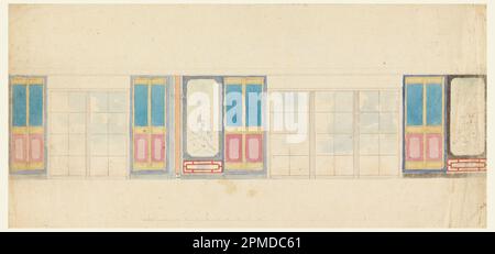 Disegno, disegno per decorazione di parete di finestra, possibilmente per biblioteca, Padiglione reale, Brighton; disegno da Frederick Crace (inglese, 1779–1859); Inghilterra; pennello e acquerello, grafite su carta; Tappetino: 40,6 x 55,9 cm (16 x 22 pollici) 22,2 x 46,7 cm (8 3/4 x 18 3/8 pollici) Foto Stock