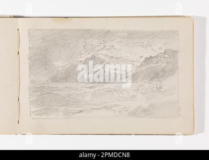 Libro di schizzo Folio, onde che si schiantano sulla spiaggia con Row of Cliffs in lontananza; William Trost Richards (americano, 1833–1905); USA; grafite su carta color panna; 9,6 x 16,2 cm (3 3/4 x 6 3/8 in.), foglio irregolare: 12,5 x 19 cm (4 15/16 x 7 1/2 in.) Foto Stock