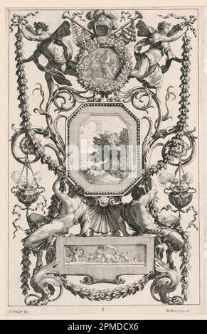 Stampa, pannello ornamentale sormontato da un Medallion con sacrificio, piastra 5 del Livre de diverses grottesques Peintes dans le Cabinet et Bains de la Reyne Regente, au Palais Royal; Michel Dorigny (1617 – 1665); dopo Simon Vouet (1590 – 1649); Francia; incisione con incisione su carta bianca; 24,6 x 29,6 cm (9 11/16 x 11 5/8 pollici) Platemark/REPEAT: 24,6 x 15,7 cm (9 11/16 x 6 3/16 poll.) Tappetino: 35,6 x 45,7 cm (14 x 18 pollici); acquisto in memoria di Sarah ed Eleanor Hewitt; 1946-12-4-1 Foto Stock