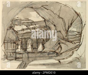 Disegno, scenografia, Grotta; attribuito a Pietro di Gottardo Gonzaga (1751 - 1831); Italia; inchiostro nero e marrone, pennello e lavaggi grigi, gesso nero su carta stesa Foto Stock