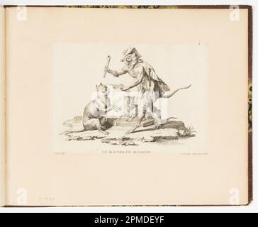 Bound Print, Plate 8, le Maître de Musique (il Maestro di Musica), Singeries ou différentes actions de la vie humaine représentées par des singes (Antics scimmia o azioni diverse della vita umana rappresentate dalle scimmie); disegnato da Christophe Huet (francese, 1700-1759); inciso da Jean-Baptiste-Antoine Guelard (francese, 1719-ca. 1755); pubblicato da Charpentier; Francia; incisione su carta; 26 x 31,8 cm (10 1/4 x 12 1/2 pollici) Foto Stock