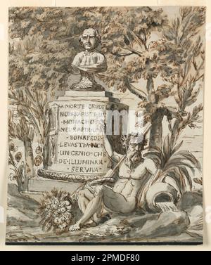 Disegno, monumento sepolcrale per il monaco Bonafede; architetto: Giuseppe Barberi (italiano, 1746–1809); Italia; inchiostro nero e marrone, pennello e lavaggio grigio, grafite, su carta steso di colore blu-bianco; 21,8 x 18,2 cm (8 9/16 x 7 3/16 in.) Foto Stock