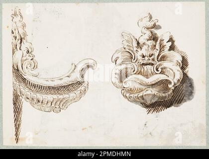 Album Page, Elevation and Profile of a Wall Fountain; disegnato da Gilles-Marie Oppenord (francese, 1672-1742); Francia; matita, penna e inchiostro marrone con lavaggio grigio Foto Stock