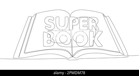 Una linea continua di libro aperto con Super Book Word. Concetto di vettore di illustrazione a linea sottile. Disegno di contorno idee creative. Illustrazione Vettoriale