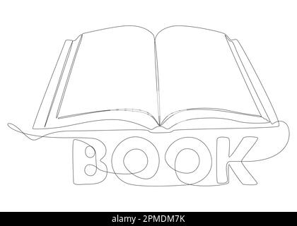 Una linea continua di libro aperto con Book Word. Concetto di vettore di illustrazione a linea sottile. Disegno di contorno idee creative. Illustrazione Vettoriale