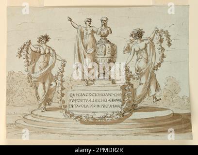 Disegno, monumento sepolcrale per il poeta Pietro Giodani; architetto: Giuseppe Barberi (italiano, 1746–1809); Italia; inchiostro nero e marrone, pennello e lavaggio marrone, grafite su carta steso, foderata; immagine: 17,9 x 25,2 cm (7 1/16 x 9 15/16 in.) Foto Stock