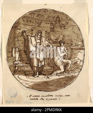 Disegno, il Sommo sacerdote punisce una Vergine Vestale, Sala di Numa Pompilius, Palazzo Milzetti, Faenza; disegnata da Felice Giani (italiano, 1758–1823); Italia; inchiostro nero e marrone, pennello e lavaggio marrone su gesso nero su carta bianca posata; 17,3 x 14,9 cm (6 13/16 x 5 7/8 in.) Opaco con tappetino -3452: 35,6 x 45,7 cm (14 x 18 pollici) Foto Stock