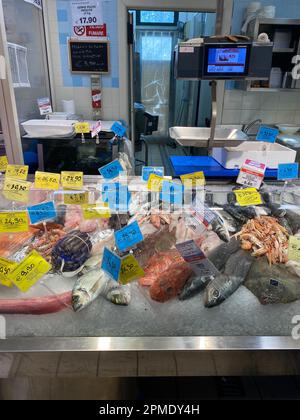 Numana, Italia - Aprile 7 2023 pescatori che vendono pesce fresco dal mare adriatico e frutti di mare nel mercato la mattina presto al molo del porto Foto Stock