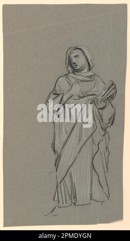 Disegno, studio di una figura in costume; Elihu Vedder (americano, 1836 – 1923); USA; pastello nero su gesso bianco, su carta grigia; tappetino: 55,9 x 40,6 cm (22 x 16 pollici) Immagine: 33,5 x 18 cm (13 3/16 x 7 1/16 pollici) Foto Stock