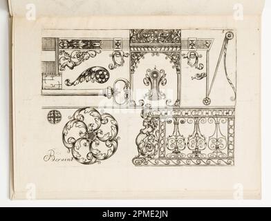 Stampa, disegni ornamentali per Escutcheon e Key; progettato da Hugues Brisville (francese, attivo ca. 1663); Print Maker: Jean Bérain il Vecchio (francese, 1640-1711); pubblicato da Nicolas Langlois, Pierre Mariette II (francese, 1634-1716); Francia; incisione su carta deposta Foto Stock