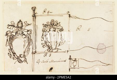 Disegno, tre bozzetti per uno standard di Papa Benedetto XIV; Carlo Marchionni (italiano, 1702–1786); Italia; inchiostro penna e seppia su carta; 11,8 x 19,1 cm (4 5/8 x 7 1/2 pollici) Foto Stock