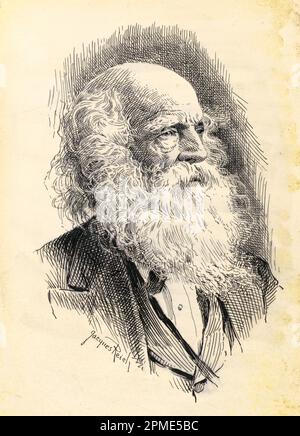 Ritratto del poeta romantico americano, giornalista e editore del New York Evening Post William Cullen Bryant (1794 – 1878), disegno a penna e inchiostro di Jacques Reich nel 1899-1920 Foto Stock