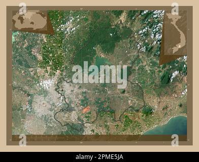 ong Nai, provincia del Vietnam. Mappa satellitare a bassa risoluzione. Mappe delle posizioni ausiliarie degli angoli Foto Stock