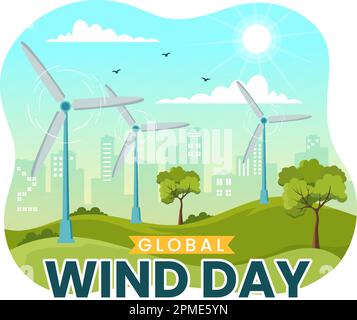 Global Wind Day Vector Illustration on June 15 con Earth Globe e Winds Turbines su Blue Sky in Flat Cartoon modelli di landing page disegnati a mano Illustrazione Vettoriale