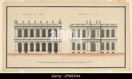 Disegno, giardino e vista della strada di un piccolo palazzo; Francia; penna e inchiostro, pennello e acquerello su carta; 24,1 x 43,8 cm (9 1/2 x 17 1/4 pollici) Foto Stock