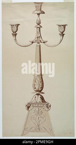 Disegno, design per un candelabro; Germania; penna e inchiostro, pennello e lavaggi marroni su carta; 57,1 x 30,9 cm (22 1/2 x 12 3/16 poll.) Foto Stock