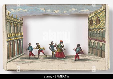 Stampa, il Carnevale di Venezia (Peep-show); Martin Engelbrecht (tedesco, 1684–1756); Germania; incisione, pennello e acquerello su carta; 9,6 x 15 cm (3 3/4 x 5 7/8 pollici) Foto Stock
