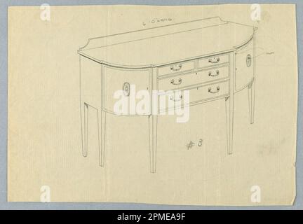 Disegno, Design per sponda a sei gambe con frontale arrotondato e quattro cassetti; progettato da A.N. Davenport Co.; grafite su carta crema sottile; 17,8 x 25,1 cm (7 x 9 7/8 pollici) Foto Stock