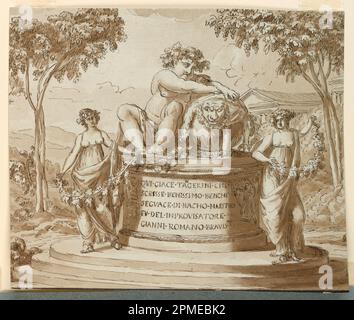 Disegno, monumento sepolcrale per il poeta Tagerini; architetto: Giuseppe Barberi (italiano, 1746–1809); Italia; inchiostro nero e marrone, pennello e lavaggio marrone, grafite su carta blu-bianca, foderata; 21,5 x 25,2 cm (8 7/16 x 9 15/16 in.) Foto Stock