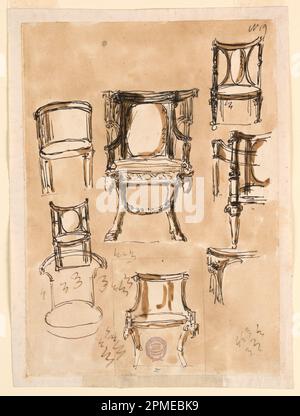 Disegno, disegni e modelli per sedie; architetto: Giuseppe Barberi (italiano, 1746–1809); Italia; inchiostro marrone e penna, pennello e lavaggio marrone su carta steso biancastra, foderata; 9 x 6,9 cm (3 1/2 x 2 11/16 in.) Foto Stock