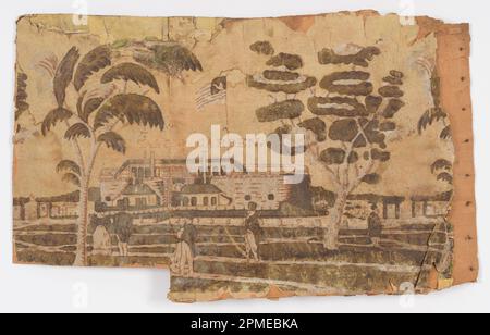 Bandbox Fragment, Castle Garden; USA; carta stampata a blocchi, supporto in legno, vernice; 50 x 30 cm (19 11/16 x 11 13/16 pollici) Foto Stock