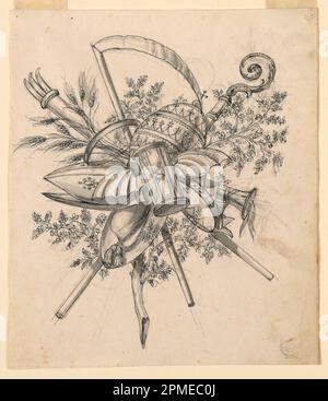 Disegno, Trofeo con clessidra alata; Romolo Achille Liverani (italiano, 1809 - 1872); Italia; pastello nero, penna e inchiostro nero, pennello e bistre su carta Foto Stock