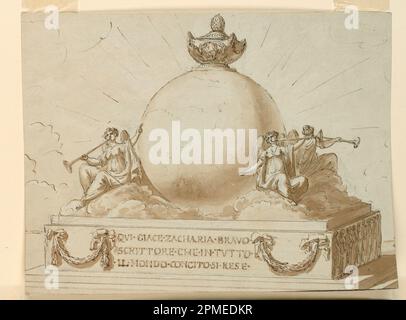 Disegno, monumento sepolcrale per la scrittrice Zacharia; architetto: Giuseppe Barberi (italiano, 1746–1809); Italia; inchiostro nero e marrone, pennello e lavaggio marrone, grafite, su carta steso di colore bianco-blu; 20,9 x 27 cm (8 1/4 x 10 5/8 in.) Foto Stock