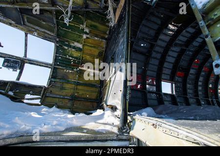 Cockpit di Miss Piggy Curtiss C-46 Commando ha schiantato aerei a Churchill, Manitoba, Canada Foto Stock