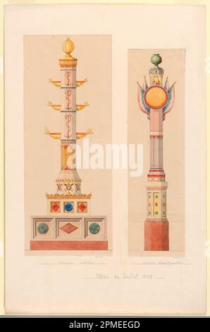 Disegno, « Colonnes rostraces, fetes de Juillet 1838 »; Félix-Jacques Duban (francese, 1798-1870); Francia; acquerello, Penna e inchiostro nero, grafite su carta biancastra montata su carta biancastra; montare 44,1 x 28,8 cm tappetino: 35,6 x 45,7 cm (14 x 18 pollici) Foto Stock