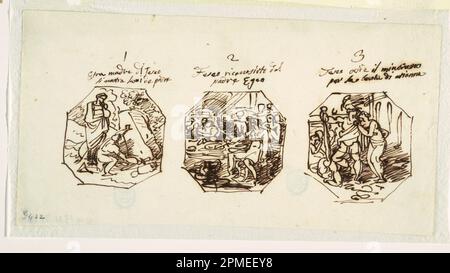 Disegno, tre schizzi di soggetti di Teseo, per la Sala di Teseo, Palazzo Gaddi, Forli; disegnato da Felice Giani (italiano, 1758-1823); Italia; penna e inchiostro marrone scuro su carta posata; 14,1 x 27,4 cm (5 9/16 x 10 13/16 pollici) Tappetino: 35,6 x 45,7 cm (14 x 18 pollici) Foto Stock