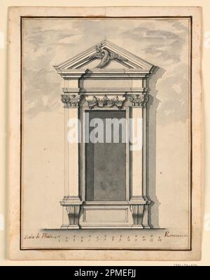 Disegni per profilati in legno, inchiostro penna e marrone, pennello e  marrone, giallo e blu lavaggio su carta deformato bianco, rettangolo  verticale. Disegni per cornici da intagliare in legno per una delle