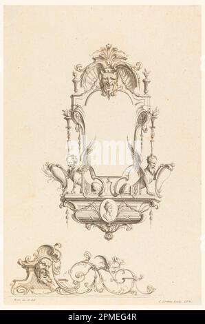 Stampa, design per Cartouche con Cupido, a Horse and Spears di 'Cartointes Nouvelellement Inventez'; disegnato da Jean Bernard Honoré Toro (francese, 1661 - 1731); inciso da Charles Nicolas Cochin il giovane (1715 - 1790); Francia; incisione su carta; 29,8 x 19,9 cm (11 3/4 x 7 13/16 in.) Foto Stock