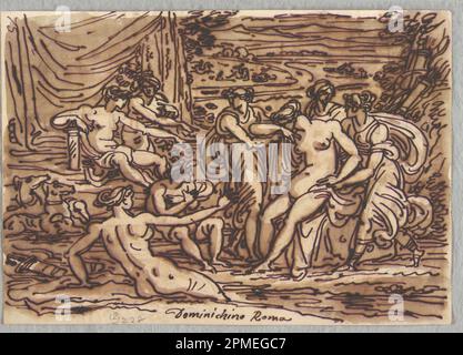 Disegno, Diana e Callisto, dopo Domenichino; ideato da Felice Giani (italiano, 1758–1823); Italia; penna e inchiostro, pennello e lavaggio marrone su carta; 21,8 x 15,4 cm (8 9/16 x 6 1/16 in.) Foto Stock