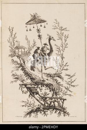 Stampa, struzzo, targa di una serie di rappresentazioni Chinoiserie; progettato da Jean-Baptiste Pillement (francese, 1728-1808); Francia; incisione su carta; 35,9 x 25,4 cm (14 1/8") x 10 poll.) Foto Stock