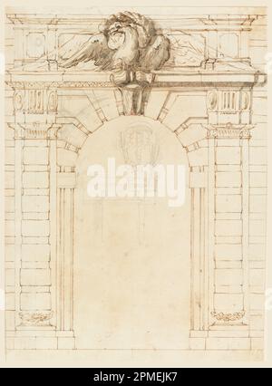 Disegno, recto: Un portale; verso: Ritratto di un giovane guerriero; disegnato da Filippo Marchionni (italiano, 1732–1805); Italia; inchiostro penna e seppia, grafite, pennello e acquerello marrone-grigio su carta; verso: Pastello rosso; 31,6 x 23,4 cm (12 7/16 x 9 3/16 in.) Foto Stock