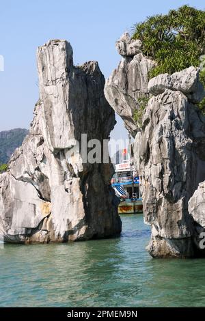 Baia di Halong in Vietnam Hạ Long Bay o Baia di Halong è un sito patrimonio dell'umanità dell'UNESCO e popolare destinazione di viaggio nella provincia di Quảng Ninh, Vietnam. Foto Stock