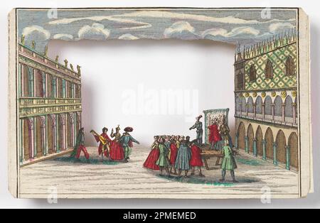 Stampa, il Carnevale di Venezia (Peep-show); Martin Engelbrecht (tedesco, 1684–1756); Germania; incisione, pennello e acquerello su carta; 9,6 x 15 cm (3 3/4 x 5 7/8 pollici) Foto Stock