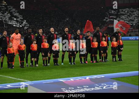 Line-up di AC Milan durante il quarto di finale della UEFA Champions League prima tappa tra AC Milan e SSC Napoli su 12 di Avril 2023 allo stadio Giuseppe Meazza San Siro di Milano. Foto Tiziano Ballabio Foto Stock